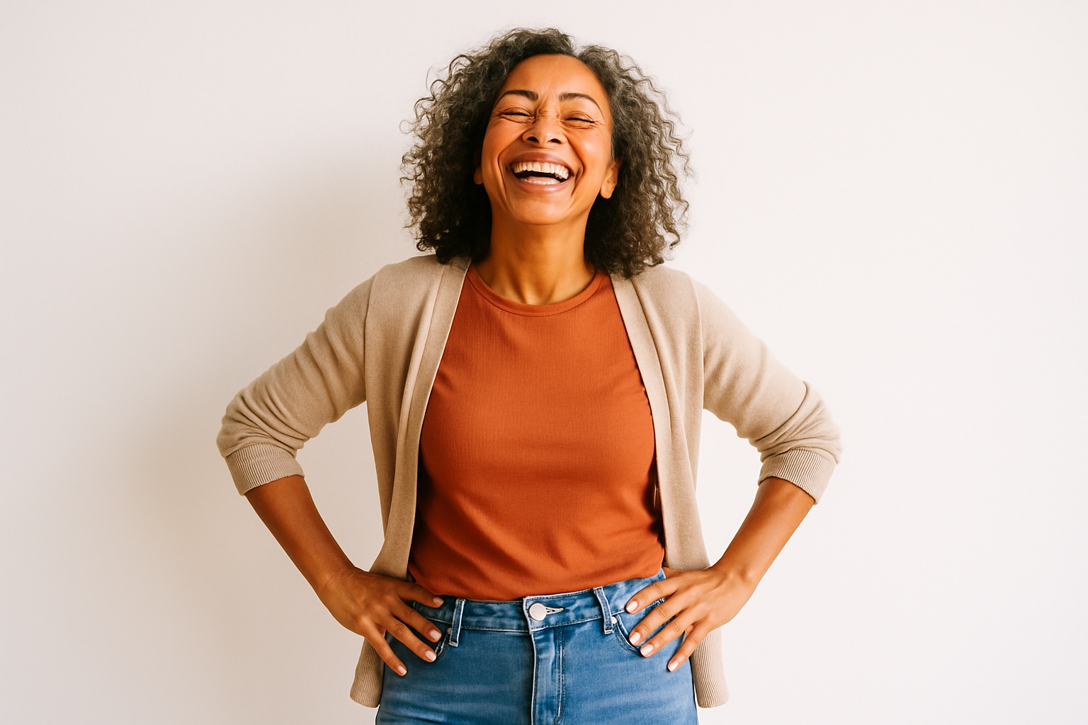 cree moi une image d'une femme en fond blanc qui est heuresue de sa vie , qui s'epannouie